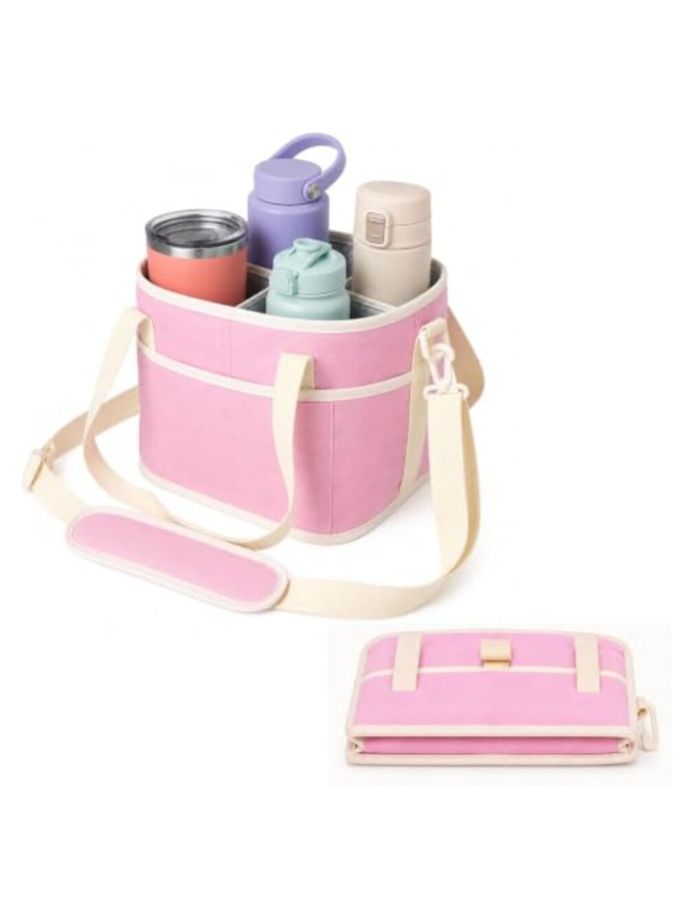 Insulated 4 Compartment Drink Carrier Tote Bag Adjustable Strap Water Bottle